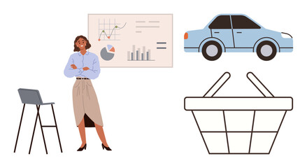 Confident businesswoman standing by a chart with market data, alongside icons of a car and shopping basket. Ideal for business strategy, analysis, shopping trends, car sales, marketing, retail