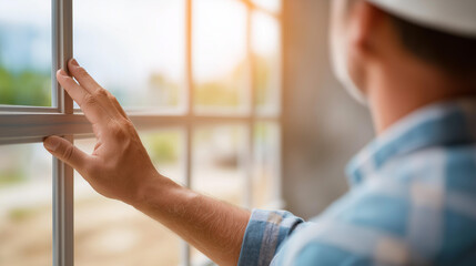 Handsome worker installing bay window defocused new house, faceless construction labor, fitting visualization detail, blurred building background, residential concept, installation