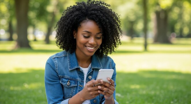 Happy young Black woman using a smartphone in a park. Smiling African American female texting or browsing social media outdoors on a sunny day - Powered by Adobe