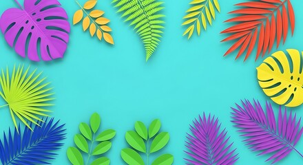 Vibrant colorful leaves frame on turquoise background perfect for summer designs