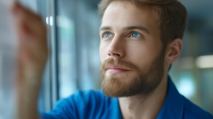 Man in blue shirt doing window defocused installation banner, faceless worker activity, fitting visualization detail, blurred long format background, construction concept, professi