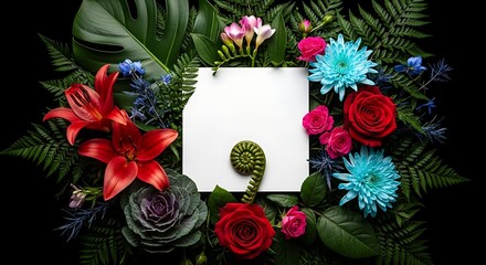 Lush floral arrangement with vibrant flowers around a square paper card