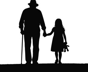 A powerful silhouette depicting an elderly man with a cane and a young girl holding hands, beautifully illustrating the profound intergenerational connection and lasting family bonds