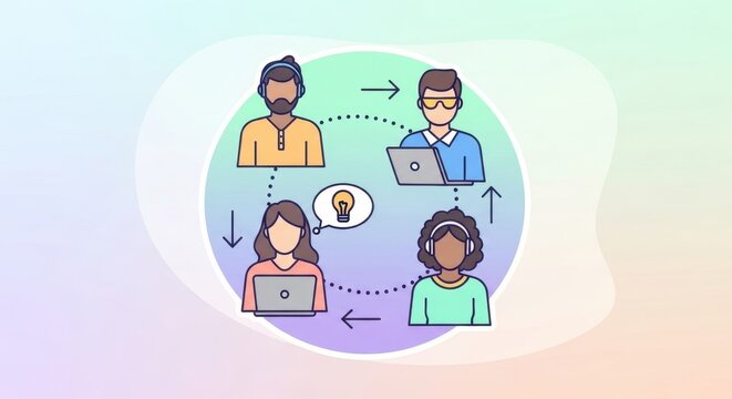 Collaborative team brainstorming generating innovation and ideas through digital communication and