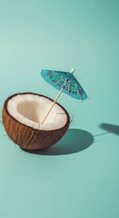 Refreshing coconut with small umbrella on a turquoise color background