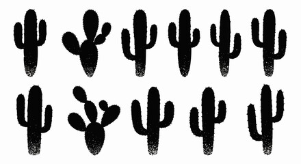 Collection of black cactus silhouettes on a white background, desert plants.