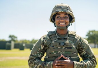 Portrait of a smiling African American female soldier in military uniform. Confident young woman in the army standing outdoors with copy space