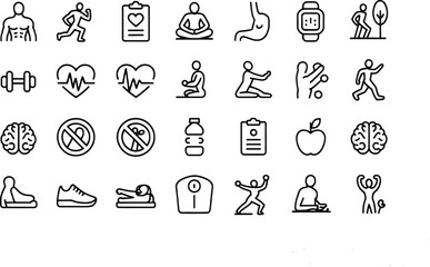 "Minimalist Health and Fitness Line Art Icons Set for Wellness and Active Lifestyle"