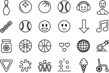 "Set of 25 Minimalist Black and White Line Art Icons - Entertainment, Sports, Music, Emotions, and More"