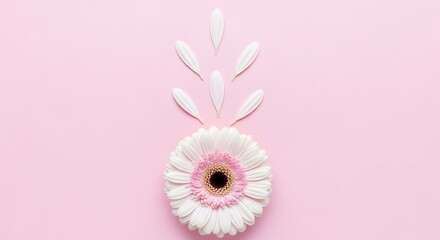 Gerbera Daisy flower with falling petals on a pastel pink background