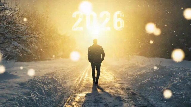 Man walking on a snow-covered road towards a bright light symbolizing the year 2026, representing hope and a new path