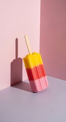 Colorful popsicle in trendy color block geometric setup on pink background