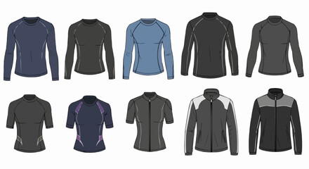 Collection of athletic apparel for various sports and activities.
