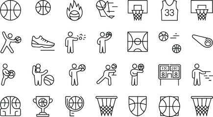 "Minimalist Basketball Icon Set Featuring Sports Equipment, Players, and Court Symbols"
