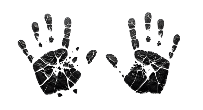 White cracked handprints with fragmented fingers and palm sections isolated on a transparent background