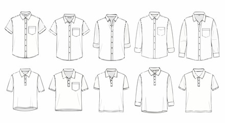 Collection of various mens shirts and polo shirts in outline sketch style.
