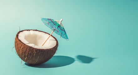 Coconut half with cocktail umbrella on a bright turquoise background