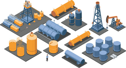 Isometric illustration of industrial oil refinery plant with storage tanks, pipelines, drilling rigs, and worker for petroleum production and energy industry