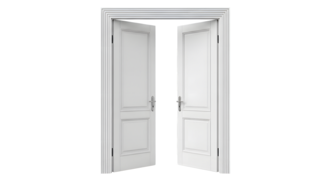 White double doors with ornate frame opened to reveal dark space isolated on a transparent background