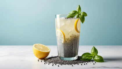 Fototapeta premium 8k view basil seed lemonade glass.
