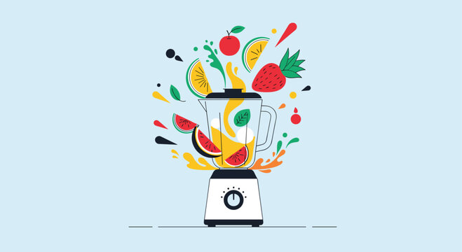 A vibrant and dynamic illustration of a blender making a smoothie with fresh fruits like strawberries and oranges exploding outwards.