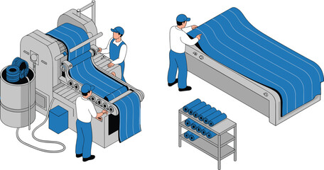 Isometric illustration of industrial textile manufacturing process with workers operating machinery and inspecting fabric rolls, factory production concept