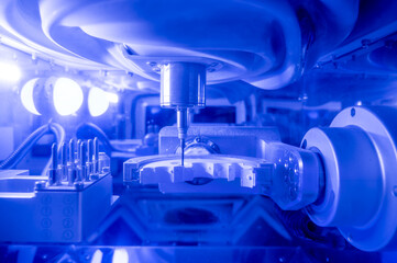 Automated dental milling machine carving zirconia crowns in CAD CAM system, illustrating high-precision digital dentistry, CNC prosthetic production, oral restoration technology, and modern dental lab