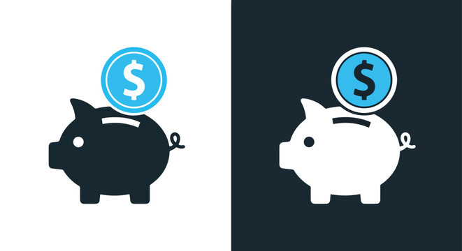 Two piggy banks with dollar coins on top - Vector icon symbol for website - Icon vector - Blue icon vector - Line and glyph solid icon and logo template
