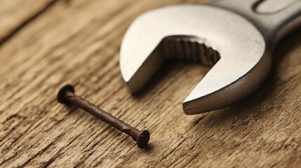 misuse. Wrench with a dented jaw resting beside a bent nail on a wooden surface under soft side lighting. safety posters.