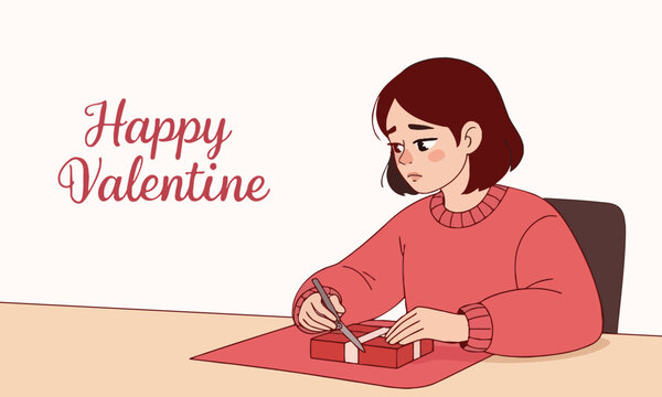 Girl wrapping a gift for Valentine's Day with a thoughtful expression, surrounded by a soft color palette and the words 'Happy Valentine' to convey warmth and affection