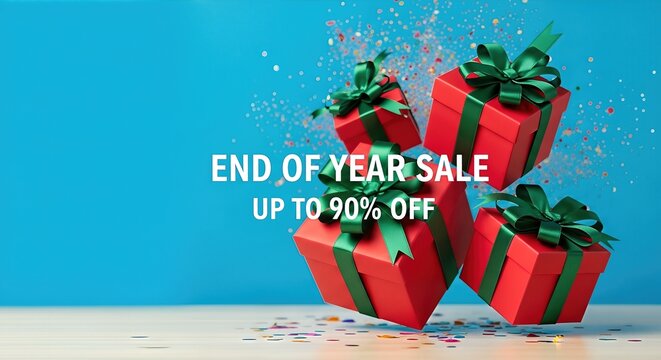 Colorful gift boxes with green ribbons are floating against a blue background, celebrating end of year sale with discounts up to 90 percent off, perfect for holiday shopping