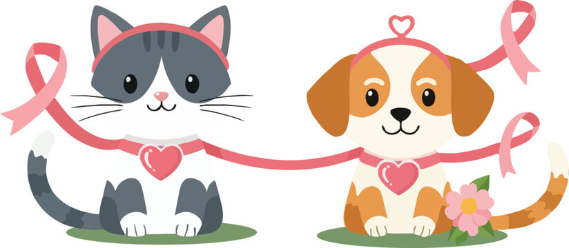Cute cat and dog illustration for breast cancer awareness with pink ribbons and hearts