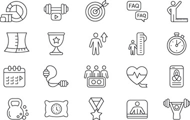 Minimalist Fitness and Health Line Icons Set – Workout, Measurement, Trophy, Stopwatch, Wellness, Exercise, Training, Sport, Weight Loss, Kettlebell, Heartbeat, Gym Illustration