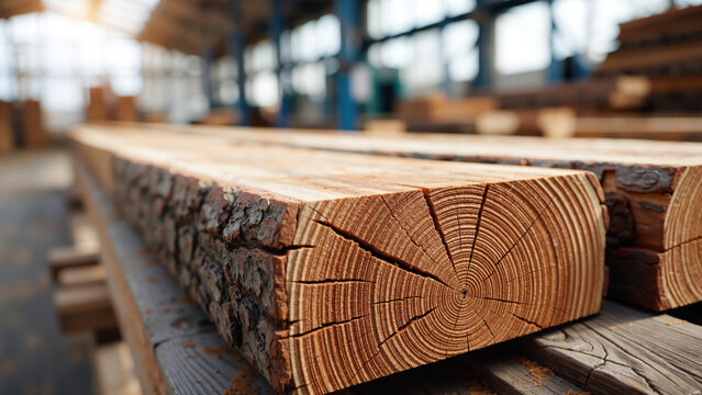 close up of a rough wooden plank showing tree rings and texture inside a bright industrial sawmill with stacked lumber in the background