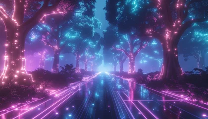 Fotobehang Pruimkleur Step into a vibrant, futuristic forest bathed in glowing neon light, a mesmerizing landscape for your next sci-fi project or creative campaign  © INDOGRAPHIC