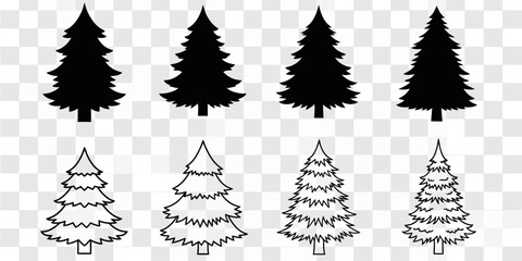 Obraz premium Evergreen tree silhouette and outline collection on transparent background