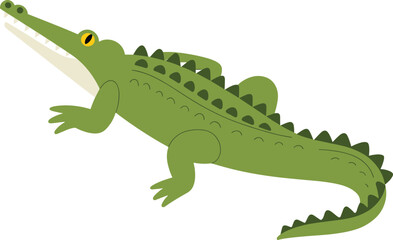 Simple cartoon illustration of a green crocodile with open mouth showing teeth, cute flat animal character on white background