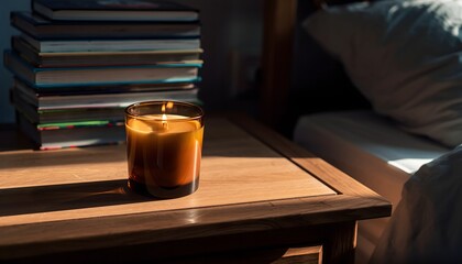 Lit candle on wooden bedside table with book stack in sunlight