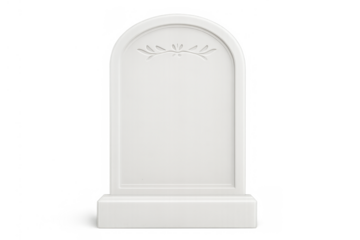 White blank tombstone or gravestone with simple design, memorializing death, funeral, and cemetery on transparent background
