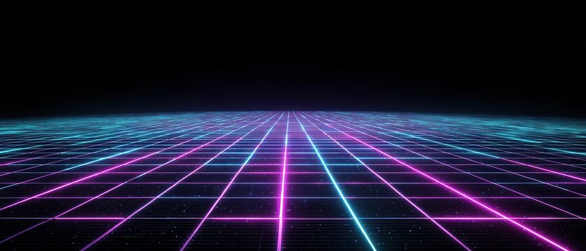 Retro Sci-Fi Grid Perspective with Neon Glow in Cyan and Magenta on Black Background Digital Art Style for 80s and Synthwave Aesthetic