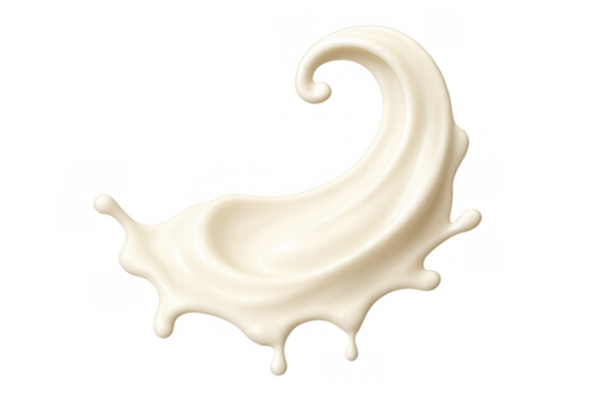 White milk flowing with a splash and dripping drops, fresh cream or yogurt liquid swirl on transparent background