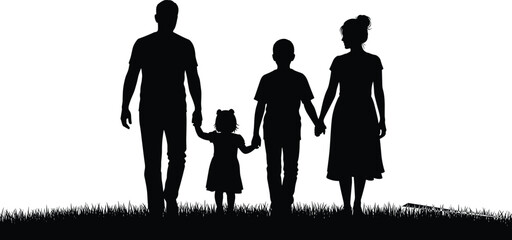 Family silhouette walking together, parents and children holding hands outdoors, unity, love, parenting, happy family scene in nature illustration