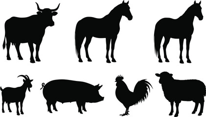 Farm animal silhouette collection featuring cow, horse, goat, pig, rooster and sheep, perfect vector artwork for agriculture, livestock and rural design themes