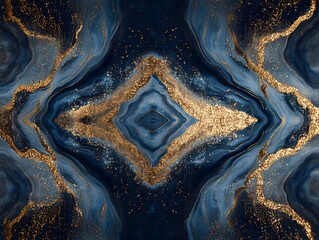 Stunning abstract marble background with intricate swirls and glitte gold accents in deep blue and black tones with symmetrical pattern