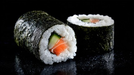Realistic Sushi Rolls on Black Surface with Fresh Salmon and Cucumber for Japanese Cuisine Photography