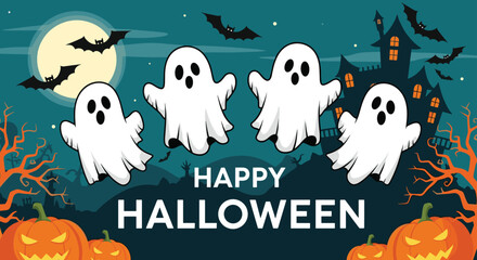 Happy Halloween vector banner with cute ghosts, spooky pumpkins, flying bats, haunted house, and full moon night background for holiday.