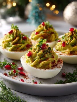 Festive deviled eggs with avocado filling and pomegranate seeds on platter for Christmas holiday party