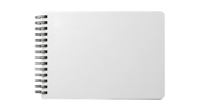 White spiral bound notebook with metal binding and rounded corners isolated on a transparent background