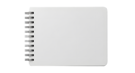 White spiral bound notebook with silver metal binding and rounded corners isolated on a transparent background