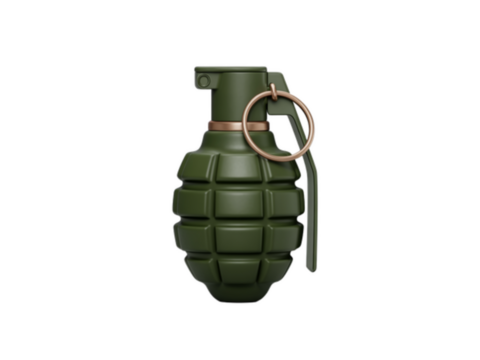 Illustration of closeup of a green hand grenade isolated on transparent background in studio shot